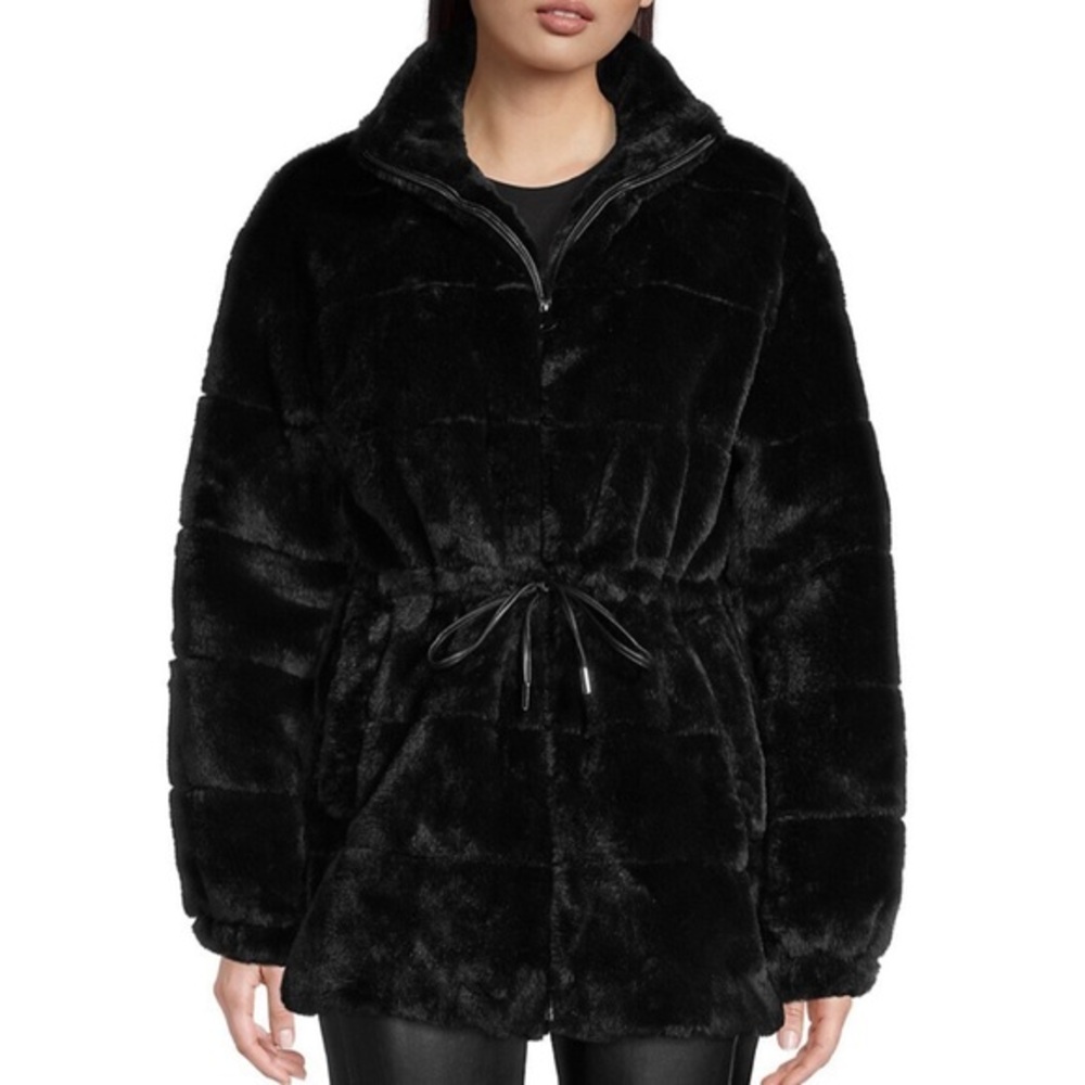 NWT ELIE TAHARI Faux Fur‎ Coat Black Zipped Stand-Up Collar Winter Casual Jacket